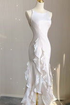 Sexy Mermaid Scoop Satin Night Party Dresses White Long Formal Prom Dresses