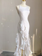 Sexy Mermaid Scoop Satin Night Party Dresses White Long Formal Prom Dresses