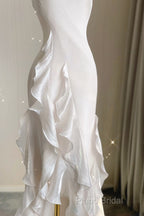 Sexy Mermaid Scoop Satin Night Party Dresses White Long Formal Prom Dresses