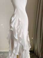Sexy Mermaid Scoop Satin Night Party Dresses White Long Formal Prom Dresses