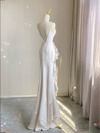 Sexy Mermaid Scoop Satin Night Party Dresses White Long Formal Prom Dresses