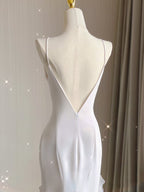 Sexy Mermaid Scoop Satin Night Party Dresses White Long Formal Prom Dresses