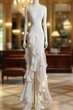 Sexy Mermaid Scoop Satin Night Party Dresses White Long Formal Prom Dresses