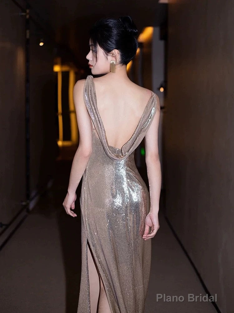 Sexy Mermaid Sequin Backless Floor Length Evening Dress Prom Dresses