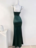 Sexy Mermaid Sleeveless Green Satin Long Formal Prom Dresses