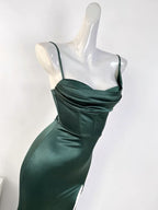 Sexy Mermaid Sleeveless Green Satin Long Formal Prom Dresses