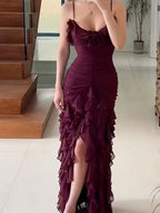 Sexy Mermaid Spaghetti Straps Ankle Length Chiffon Formal Evening Dresses Formal Prom Dresses