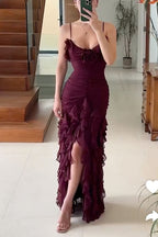 Sexy Mermaid Spaghetti Straps Ankle Length Chiffon Formal Evening Dresses Formal Prom Dresses