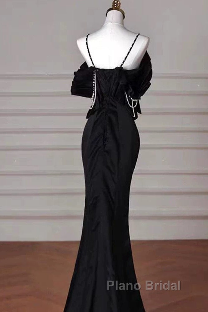 Sexy Mermaid Spaghetti Straps Black Long Formal Dresses Satin Formal Prom Dresses