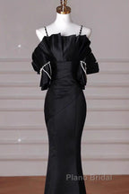 Sexy Mermaid Spaghetti Straps Black Long Formal Dresses Satin Formal Prom Dresses