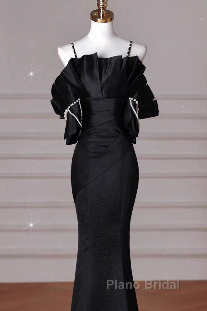 Sexy Mermaid Spaghetti Straps Black Long Formal Dresses Satin Formal Prom Dresses