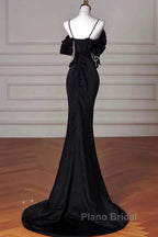 Sexy Mermaid Spaghetti Straps Black Long Formal Dresses Satin Formal Prom Dresses
