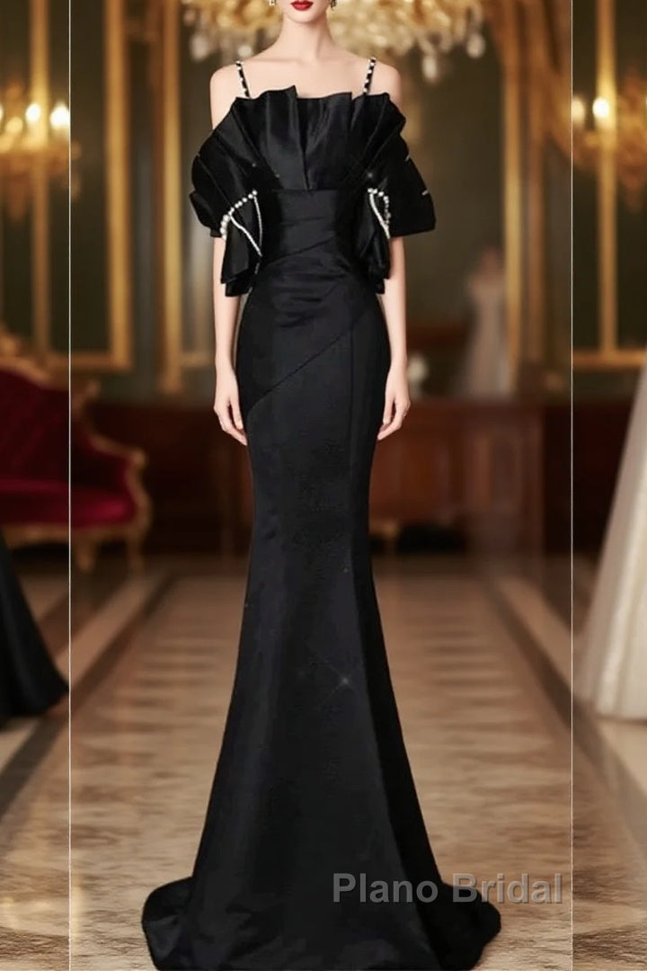 Sexy Mermaid Spaghetti Straps Black Long Formal Dresses Satin Formal Prom Dresses Main image