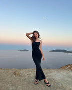 Sexy Mermaid Spaghetti Straps Black Satin Long Formal Prom Dresses Trendy Party Dresses For Women
