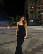 Sexy Mermaid Spaghetti Straps Black Satin Long Formal Prom Dresses Trendy Party Dresses For Women