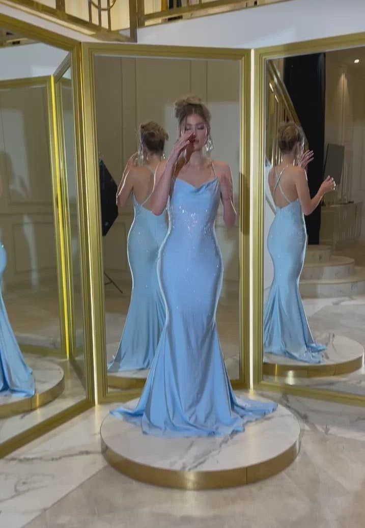 Sexy Mermaid Spaghetti Straps Blue Sequin Long Formal Prom Dresses Long Party Dresses