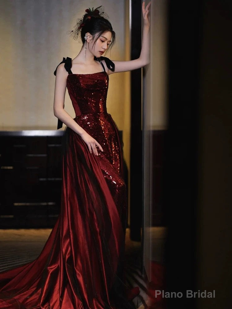 Sexy Mermaid Spaghetti Straps Burgundy Floor Length Evening Dress Prom Dresses Main image