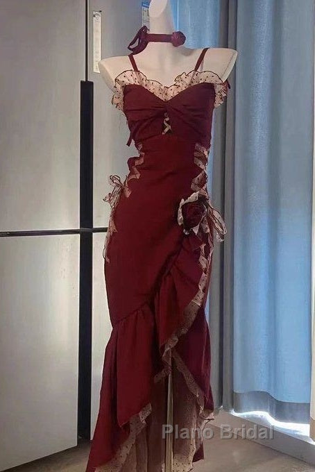 Sexy Mermaid Spaghetti Straps Burgundy Long Evening Dresses Formal Prom Dresses