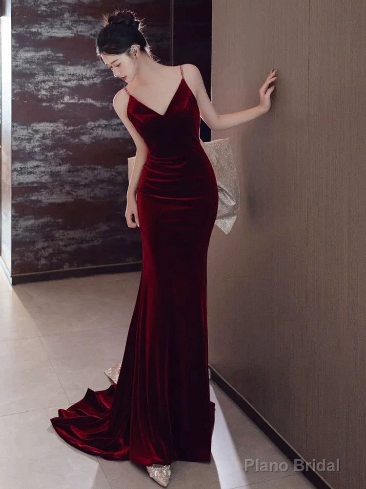 Sexy Mermaid Spaghetti Straps Burgundy Velvet Long Evening Dress Prom Dresses Main image