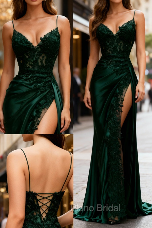 Sexy Mermaid Spaghetti Straps Dark Green Lace Backless Formal Prom Dresses Long Party Dresses Main image