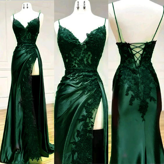Sexy Mermaid Spaghetti Straps Dark Green Lace Backless Formal Prom Dresses Long Party Dresses Main image