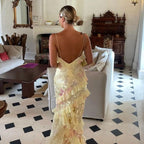 Sexy Mermaid Spaghetti Straps Floor Length Floral Yellow Chiffon Formal Evening Dresses Formal Prom Dresses