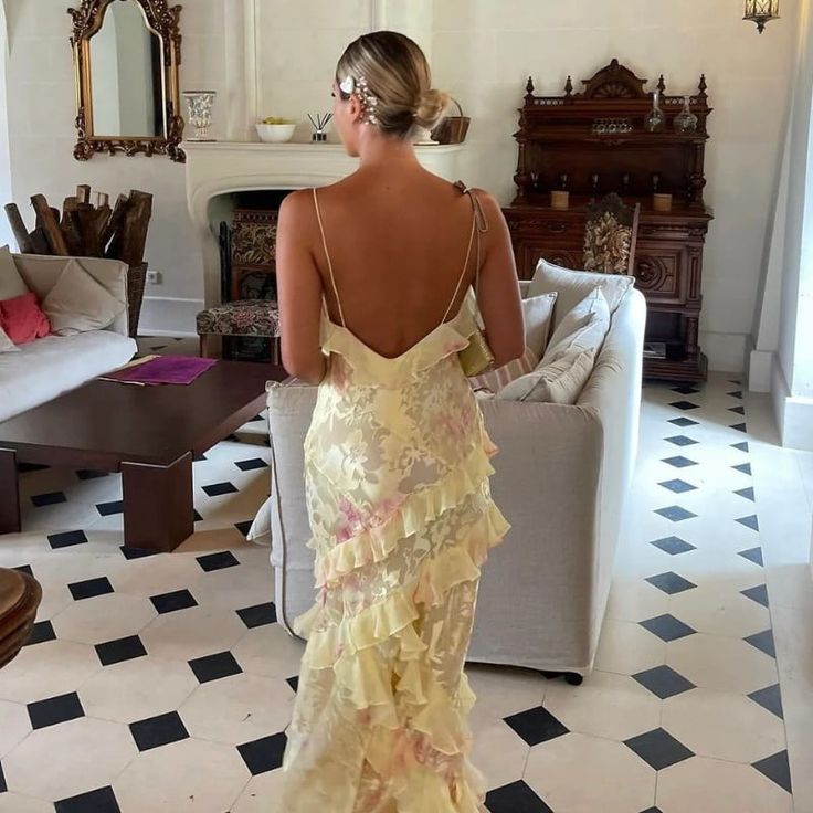 Sexy Mermaid Spaghetti Straps Floor Length Floral Yellow Chiffon Formal Evening Dresses Formal Prom Dresses