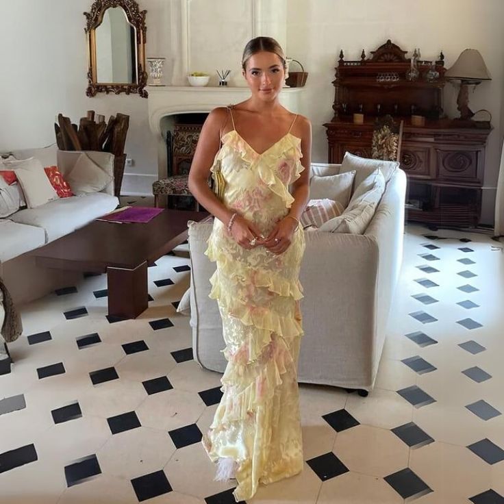 Sexy Mermaid Spaghetti Straps Floor Length Floral Yellow Chiffon Formal Evening Dresses Formal Prom Dresses