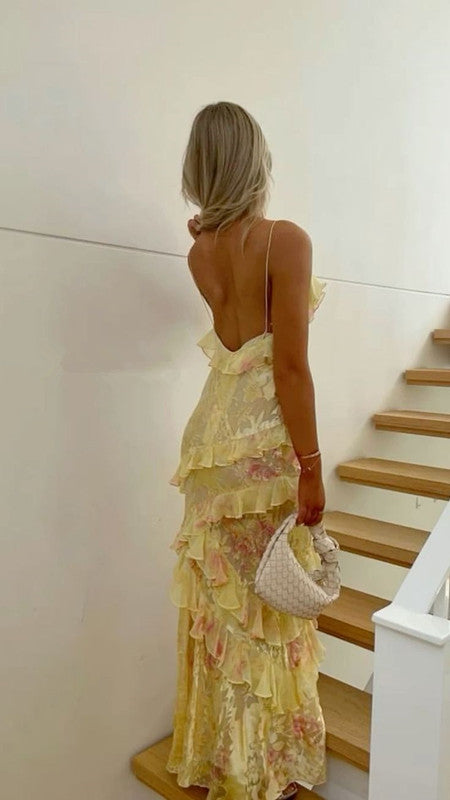 Sexy Mermaid Spaghetti Straps Floor Length Floral Yellow Chiffon Formal Evening Dresses Formal Prom Dresses