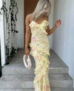 Sexy Mermaid Spaghetti Straps Floor Length Floral Yellow Chiffon Formal Evening Dresses Formal Prom Dresses