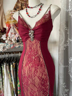 Sexy Mermaid Spaghetti Straps Red Lace Formal Prom Dresses Long Party Dresses