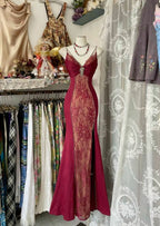 Sexy Mermaid Spaghetti Straps Red Lace Formal Prom Dresses Long Party Dresses