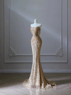 Pretty Mermaid Strapless Gold Sequin Beads Long Formal Prom Dresses Formal Evening Dresses