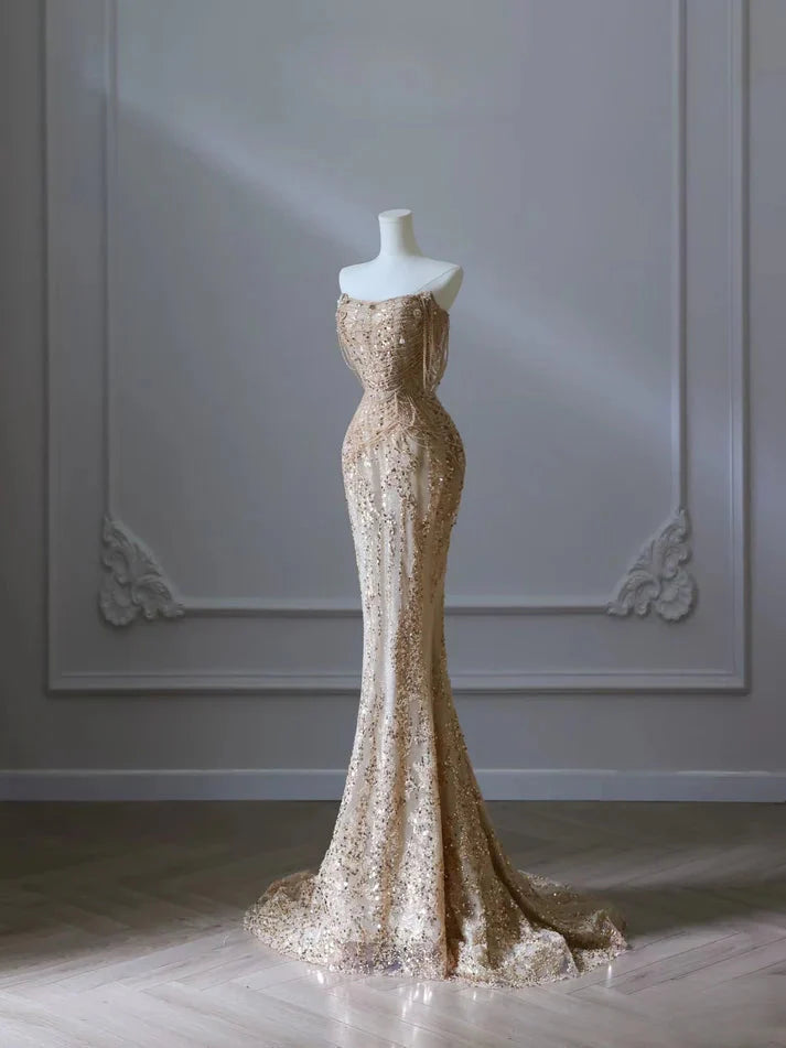 Pretty Mermaid Strapless Gold Sequin Beads Long Formal Prom Dresses Formal Evening Dresses