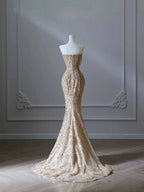 Pretty Mermaid Strapless Gold Sequin Beads Long Formal Prom Dresses Formal Evening Dresses