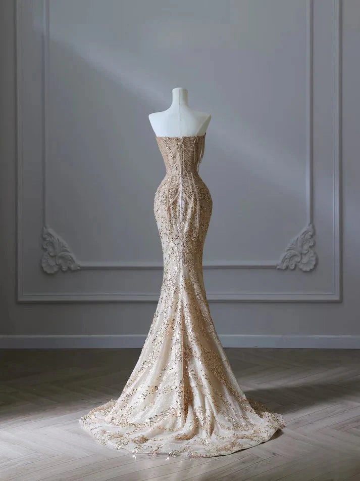 Pretty Mermaid Strapless Gold Sequin Beads Long Formal Prom Dresses Formal Evening Dresses