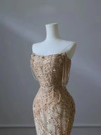 Pretty Mermaid Strapless Gold Sequin Beads Long Formal Prom Dresses Formal Evening Dresses
