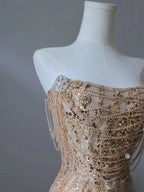 Pretty Mermaid Strapless Gold Sequin Beads Long Formal Prom Dresses Formal Evening Dresses