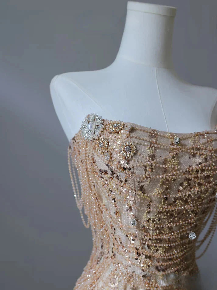 Pretty Mermaid Strapless Gold Sequin Beads Long Formal Prom Dresses Formal Evening Dresses