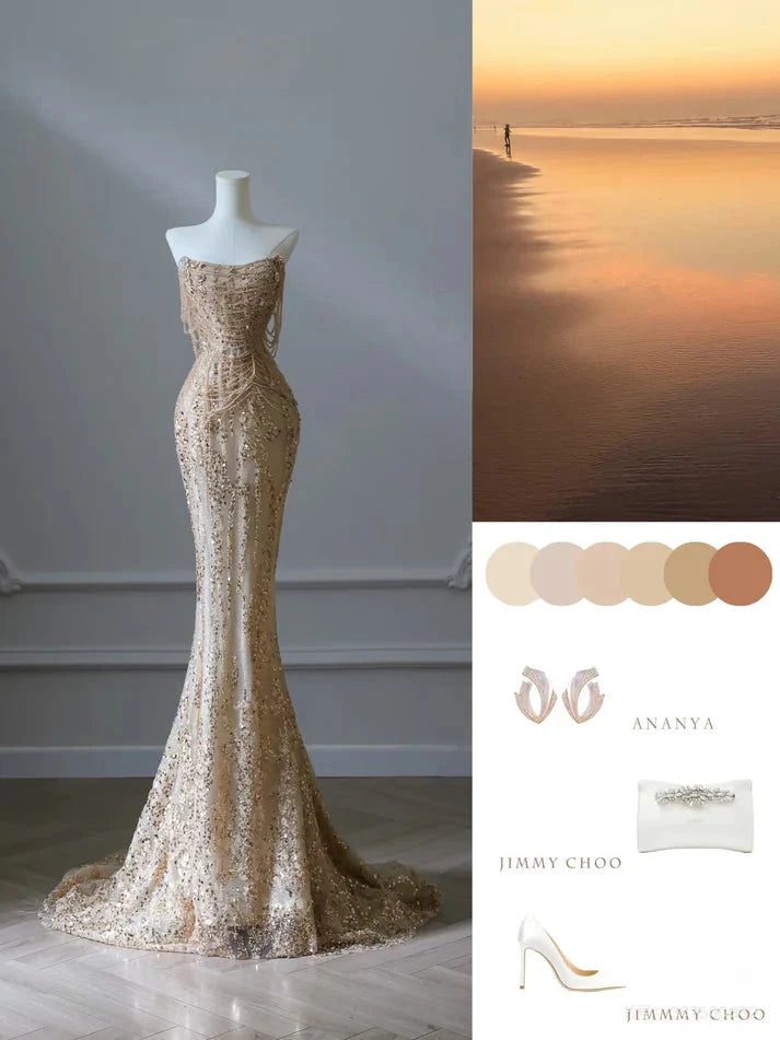 Pretty Mermaid Strapless Gold Sequin Beads Long Formal Prom Dresses Formal Evening Dresses