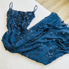 Sexy Mermaid Spaghetti Straps Satin Navy Blue Floral Long Formal Evening Dresses Formal Prom Dresses