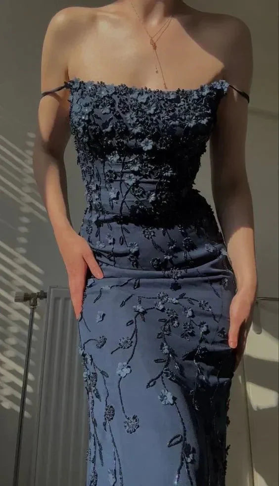 Sexy Mermaid Spaghetti Straps Satin Navy Blue Floral Long Formal Evening Dresses Formal Prom Dresses Main image