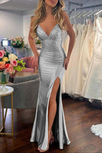 Sexy Mermaid Spaghetti Straps Satin Slit Prom Dress with Hot Stone