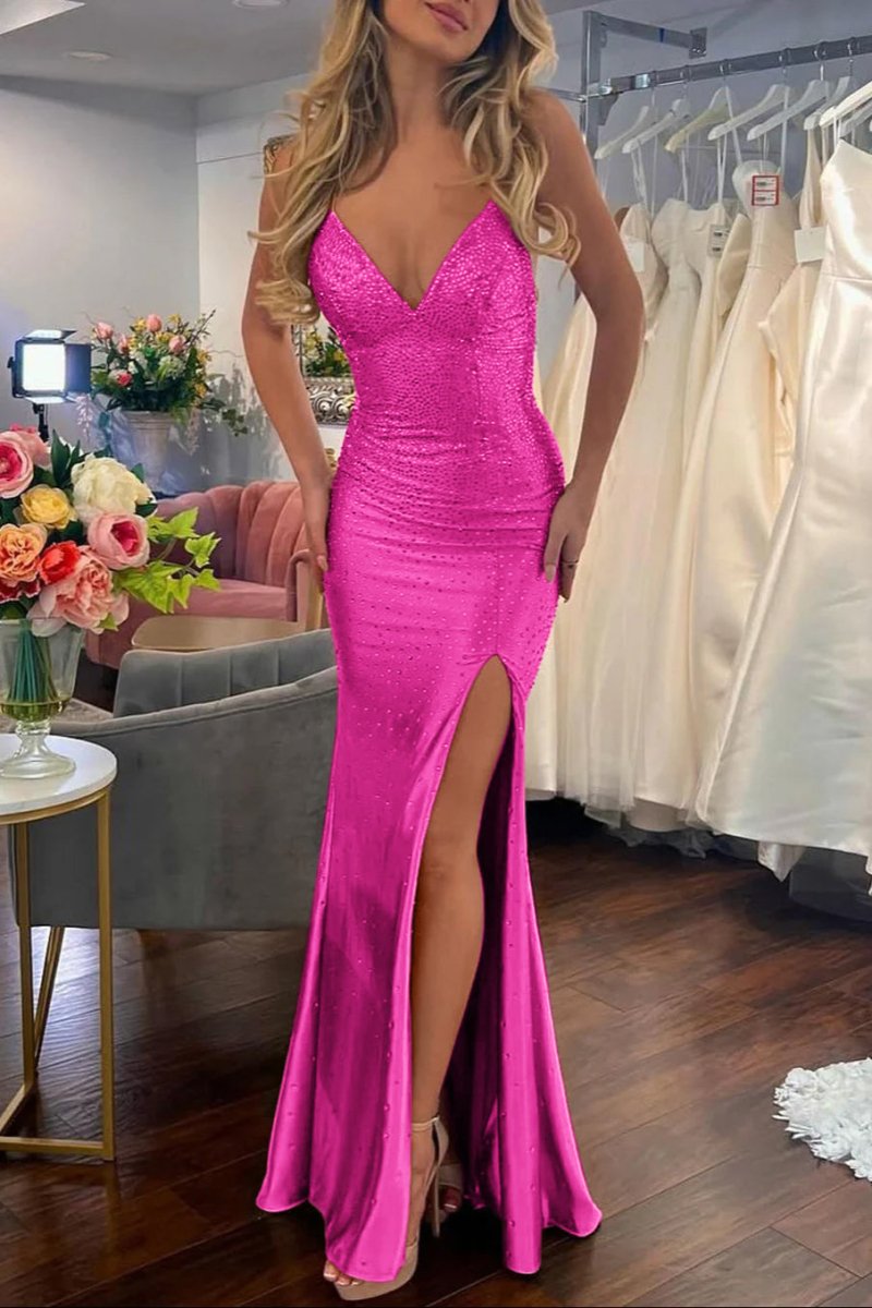 Sexy Mermaid Spaghetti Straps Satin Slit Prom Dress with Hot Stone