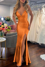 Sexy Mermaid Spaghetti Straps Satin Slit Prom Dress with Hot Stone