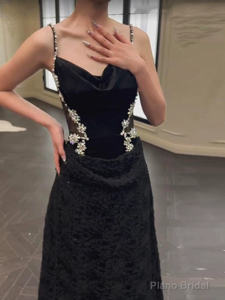 Sexy Mermaid Spaghetti Straps Black Floor Length Evening Dress Prom Dresses