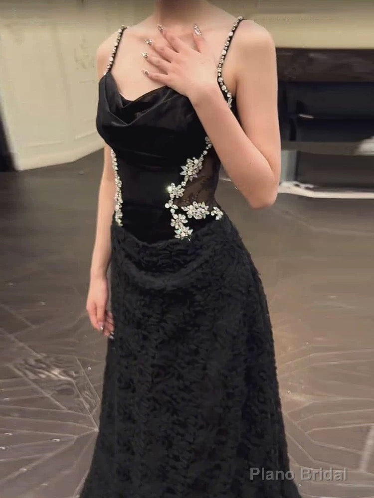 Sexy Mermaid Spaghetti Straps Black Floor Length Evening Dress Prom Dresses Main image