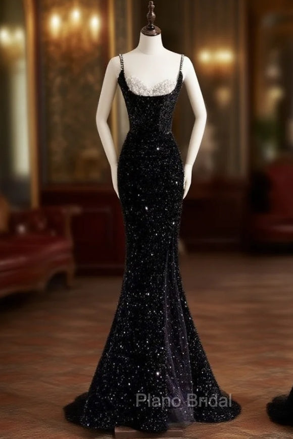 Sexy Mermaid Spaghetti Straps Sequin Black Long Formal Prom Dresses Main image
