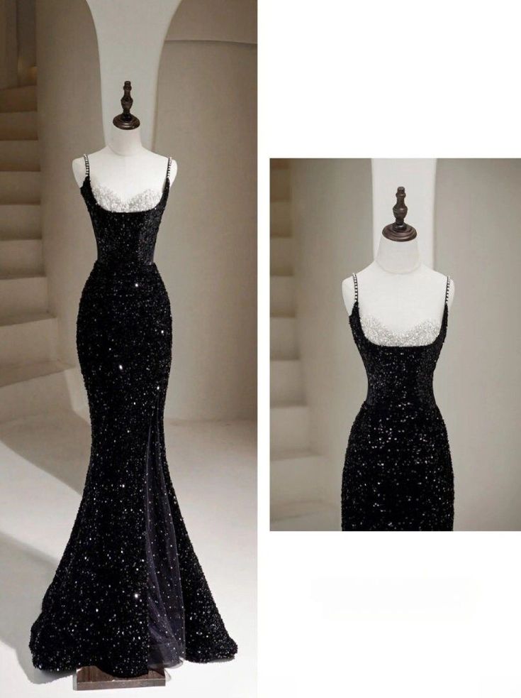 Sexy Mermaid Spaghetti Straps Sequin Black Long Formal Prom Dresses Main image