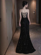 Sexy Mermaid Spaghetti Straps Sequin Black Long Formal Prom Dresses